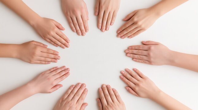 Top view of group of hands arranged in circle on white background