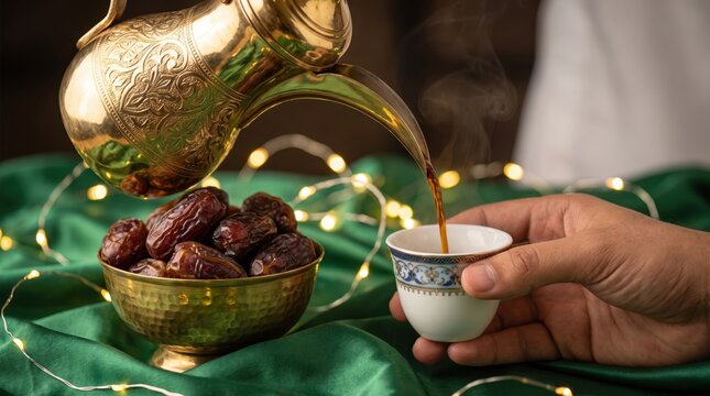 Pouring Arabic Coffee Dallah into Finjan Cup with Bowl of Dates on Green Silk Tablecloth for Ramadan