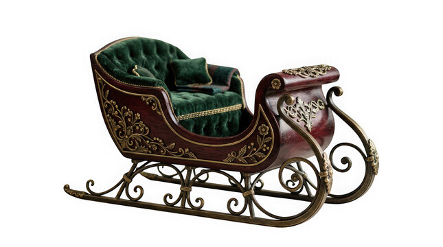 A luxurious miniature decorative sleigh with dark wood and green velvet upholstery isolated on transparent background