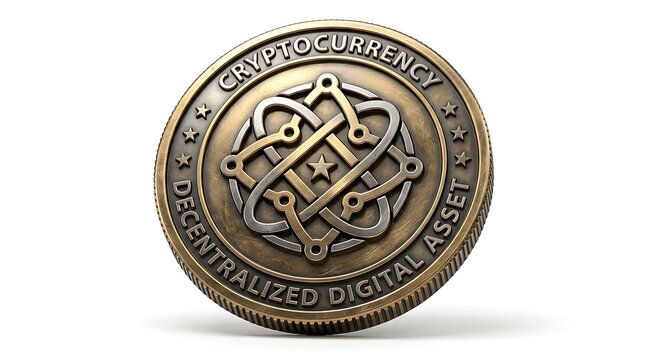 Shiny metal cryptocurrency coin with a decentralized digital asset logo on top
