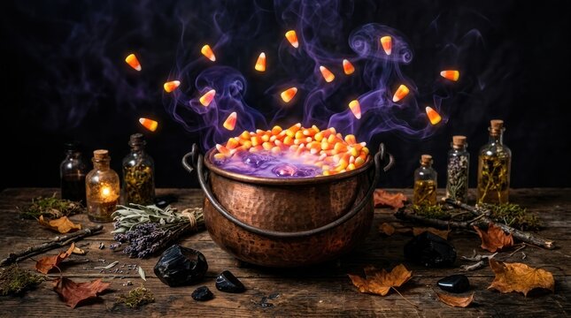 Witches cauldron with bubbling purple magic and candy corn.