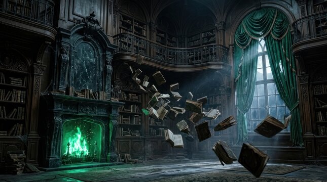 Enchanted gothic library with flying books and green fireplace.