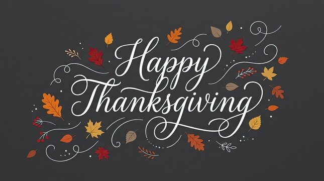 Elegant calligraphy of happy thanksgiving surrounded by colorful autumn leaves on a dark background