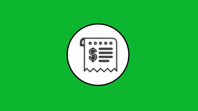 Animated dollar bill receipt line icon appears in a white circle on a vibrant green screen ideal for finance and business explainer videos.