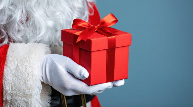 Santa claus holding red gift box with ribbon on blue background