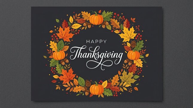 Watercolor thanksgiving wreath with autumn leaves and pumpkin on a dark background