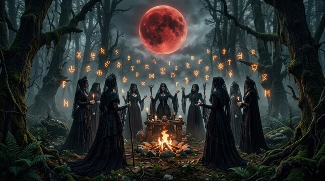 Witches performing a ritual around campfire under blood moon.