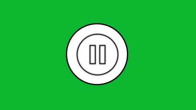 Minimalist pause button icon popping up and rotating on green screen chroma key background.