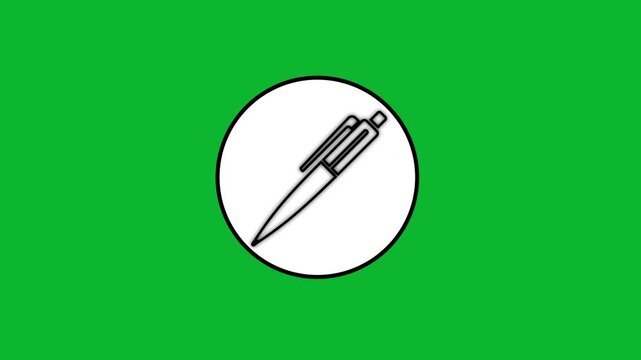Ballpoint pen writing tool appearing inside circular emblem against vibrant green background.