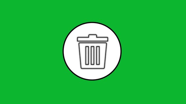 Minimalist trash bin icon animation inside white circle on green screen background.