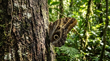 Obraz premium Detailed close up of a brown butterfly with large eye spots resting on the textured bark of a tropical tree in a lush green forest environment