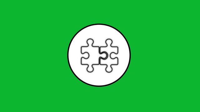 Minimalist puzzle pieces icon animation combining on green screen background symbolizing unity and teamwork.
