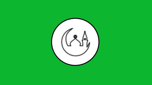 Animated mosque and crescent moon symbol drawing appearing inside white circle on green background.