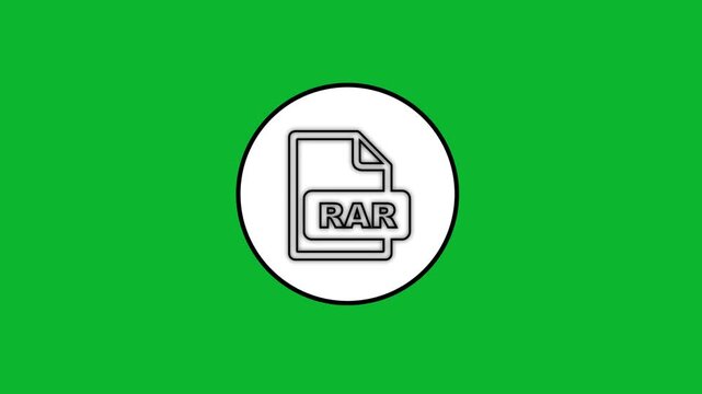 Animated rar file icon appearing inside circle against green screen background for digital compression software concept.
