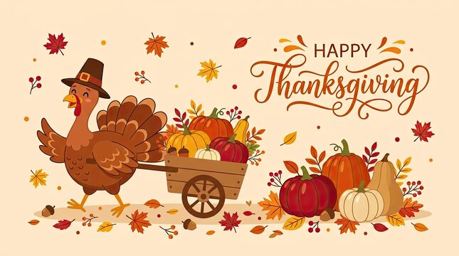 Festive thanksgiving illustration featuring a turkey with a harvest wagon and autumn foliage