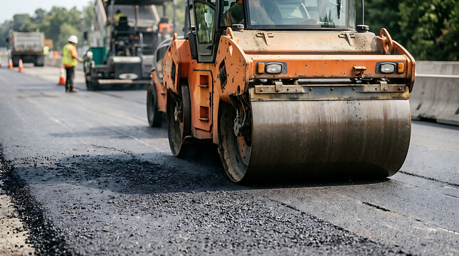 RoadConstructionWithAsphaltRollerMachineWorking 1.