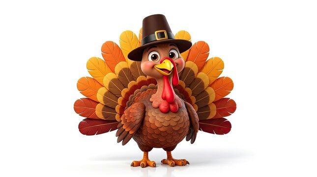 Cartoon turkey wearing a pilgrim hat with autumn leaves and a white background