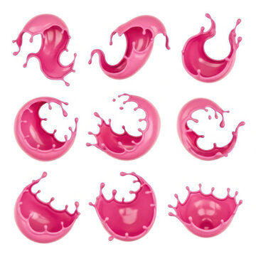 Dynamic pink liquid splashes collection with artistic fluid shapes and movement