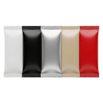 Five multi colored snack food packaging pouches for product branding mockup