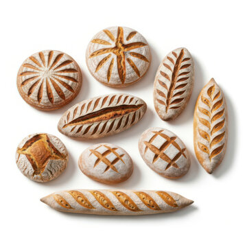 Assorted Artisanal Sourdough Bread Loaves with Decorative Flour Scoring Patterns