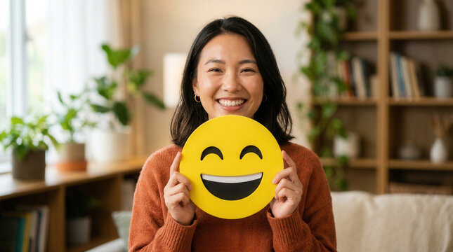 Joyful Woman Holding Happy Emoji Symbol for Positive Emotion and Wellbeing
