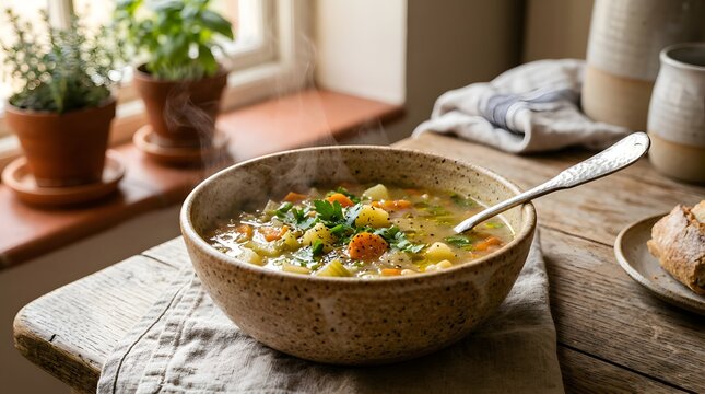 Steaming vegetable soup served in a rustic ceramic bowl on a table