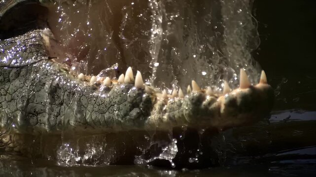 Close up of a saltwater crocodile head emerging from dark water with its powerful jaws open