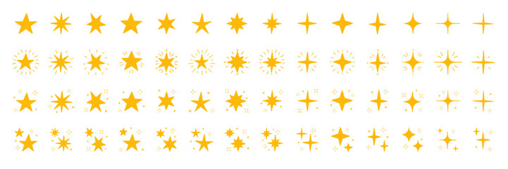 Obraz premium Stars icon and yellow sparkle doodle. Christmas blink and glowing symbols set. Magic pictogram and light flash with bright twinkle. Hand drawn vector illustration isolated on white background