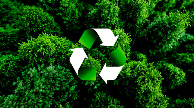 A white recycling symbol with green arrows set against a background of green foliage