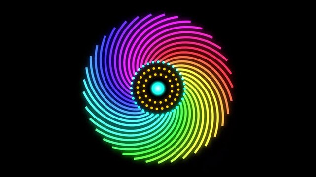 Rotating colorful neon geometric spiral pattern with glowing center animation