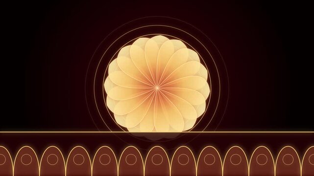 Golden floral mandala pattern animation with glowing circles on dark background