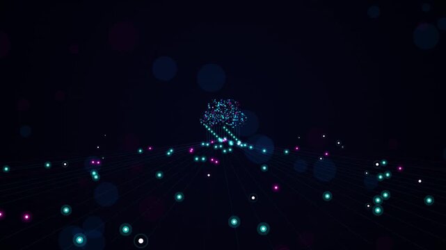 Abstract digital lights and glowing particles moving across a dark grid background