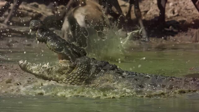 Nile crocodile hunting in a muddy African river with dramatic water splashes and open jaws