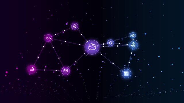 Digital network nodes and data cloud icons animation in purple and blue glowing lines