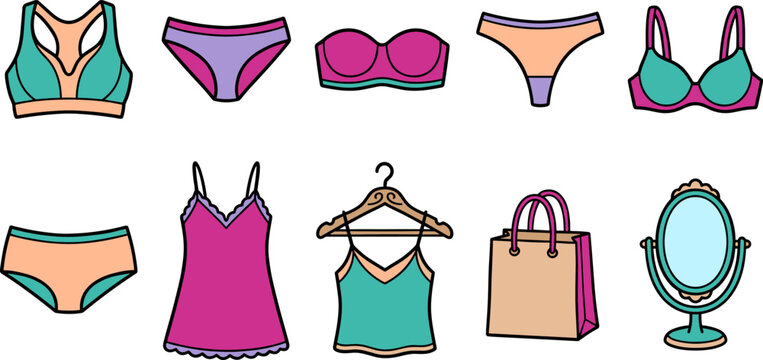 Lingerie vector icon set with bras panties camisoles shopping bag and mirror