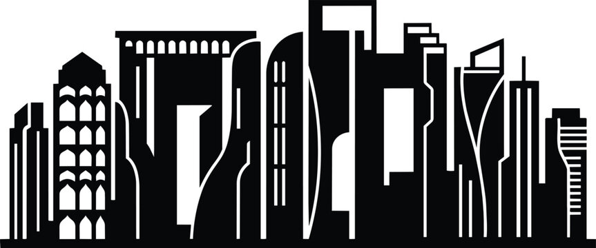 City skyline silhouette icon set featuring modern skyscraper buildings and architectural urban structures