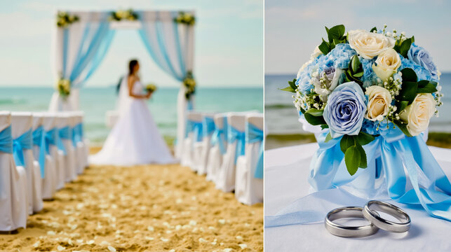 A collage of two photos one showing a bride and groom at a beach wedding with a blue and white color scheme and the other showing a bouquet of flowers with a similar color scheme