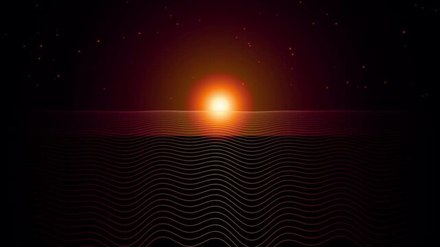 Retro futuristic synthwave grid sunset background with wireframe wave terrain and star particle.