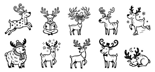 Obraz premium Cute winter forest deer and festive reindeer doodle set