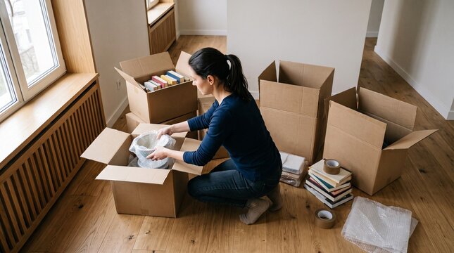 Woman packing fragile items in bubble wrap into a cardboard box during a home move