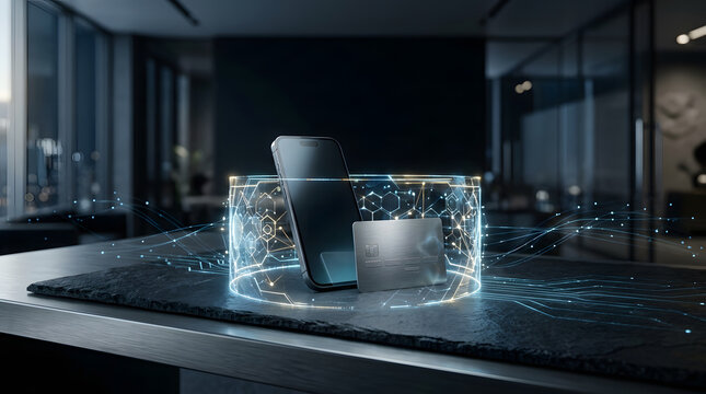 Abstract financial data visualization glowing over a modern metal credit card on office desk with digital financ