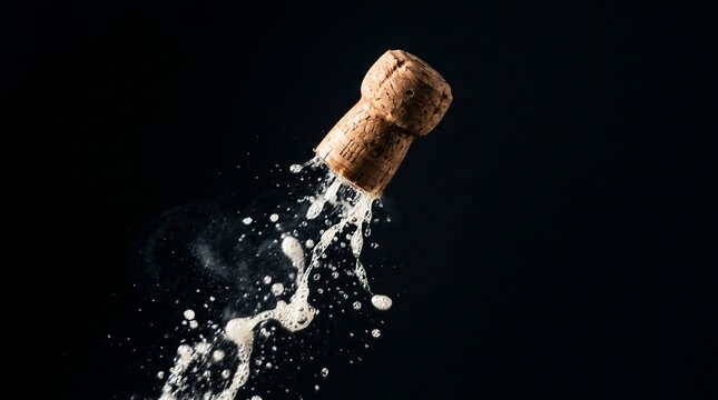Champagne cork popping with foam and bubbles exploding against a dark background