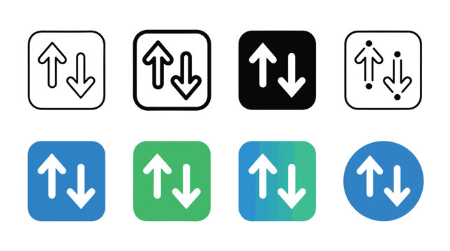 Data transfer vector icon set. Includes symbols for upload, download, export, import, and sync. Minimalist flat design elements for mobile application interfaces and web development.