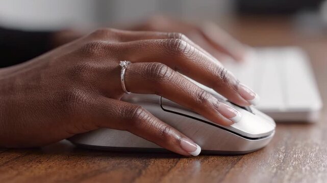 Close-up: a woman's hand, wearing a ring, using a white wireless computer mouse.