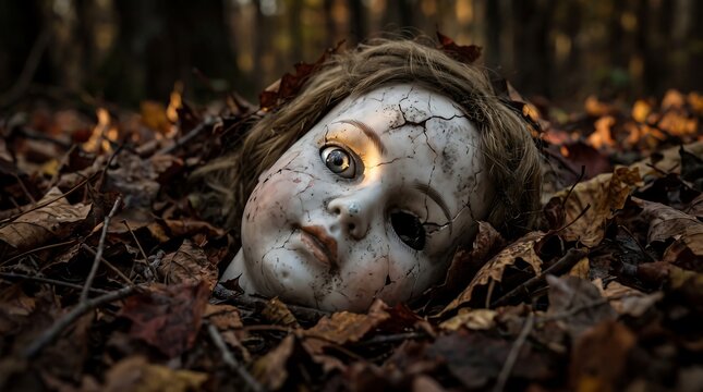 Creepy doll Halloween head with cracked porcelain face lying in pile of dried autumn leaves in dark forest provides haunting aesthetic for horror themes and halloween art. halloween