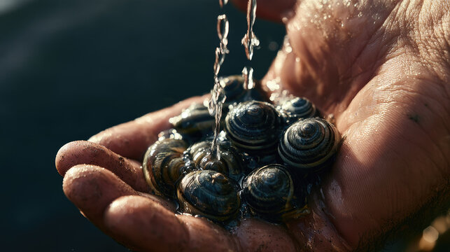Harvesting freshwater river snail wet adult hand, glossy dark shell texture and droplets warm riverside sunlight, with natural sediment detail and dark water background for authentic outdoor