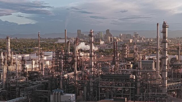 Industrial area with city skyline in the background Denver Colorado 4K