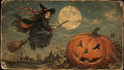 Fototapeta premium A witch flies on a broom beneath a full moon. A giant jack o lantern, haunted village, bare trees, and stars fill this vintage illustration. Retro Halloween folklore poster concept.