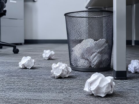 Several crumpled white paper balls strewn around a slim wire mesh waste bin on a grey carpeted office floor beside a desk
