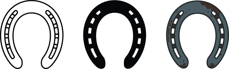 Fototapeta premium Horseshoe vector icons set showing outline, solid black, and weathered rusty metal designs for equine and luck themes